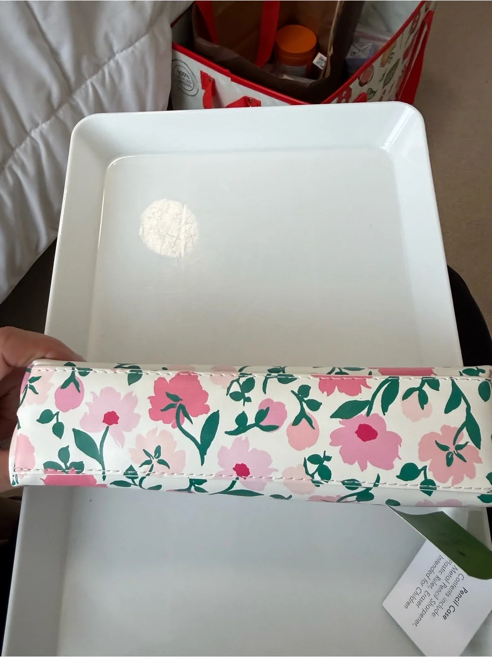 kate spade Peony party, pencil case includes sharpener, ruler, and eraser.